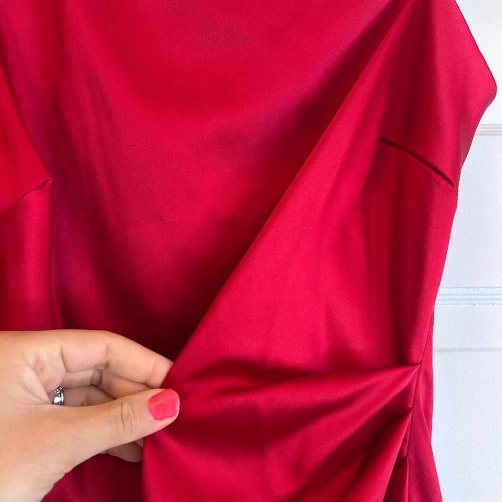 B. Darlin Red Satin one shoulder short puff sleeve rouged dress Sz 11/12 - Picture 3 of 4